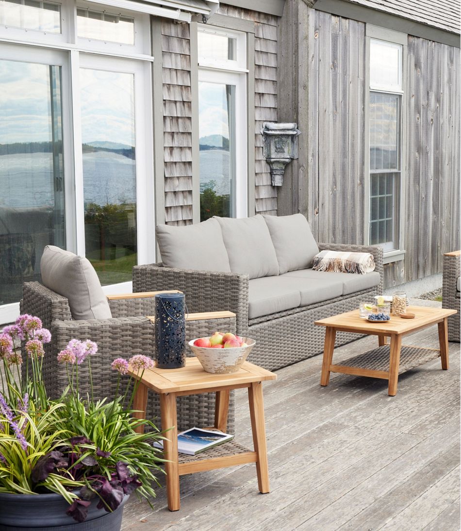 L.L.Bean | Wicker Storage Sofa and Teak Coffee Table Set