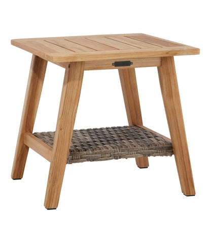 L.L.Bean | Teak Side Table with Wicker Storage Shelf